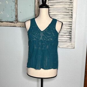 NWT Chandi & Lia Teal Chiffon Swirl Top Sexy See-Through Zip Up Sleeveless Women